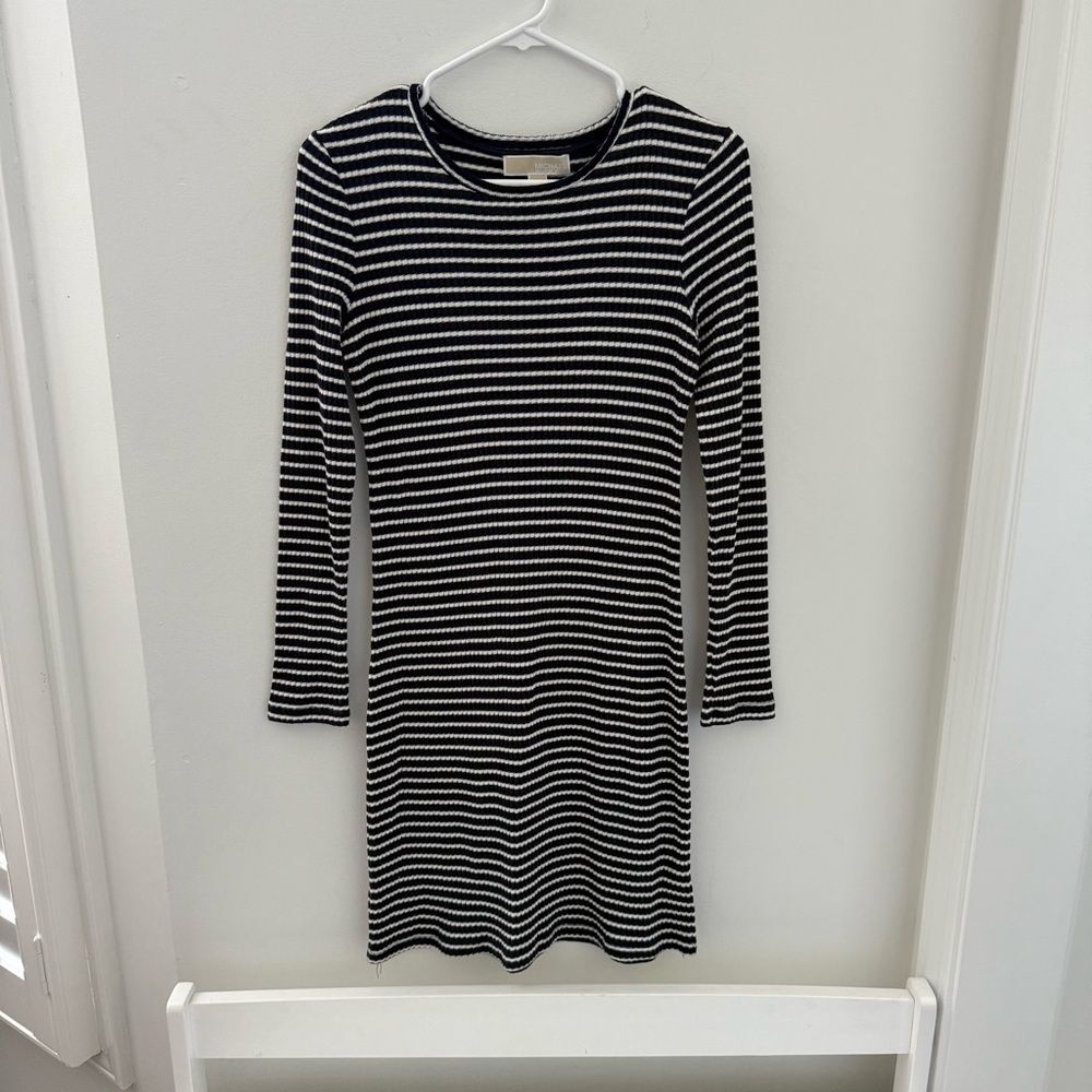 Michael Kors Striped Sweater Dress Nautical Navy White Long Sleeved M